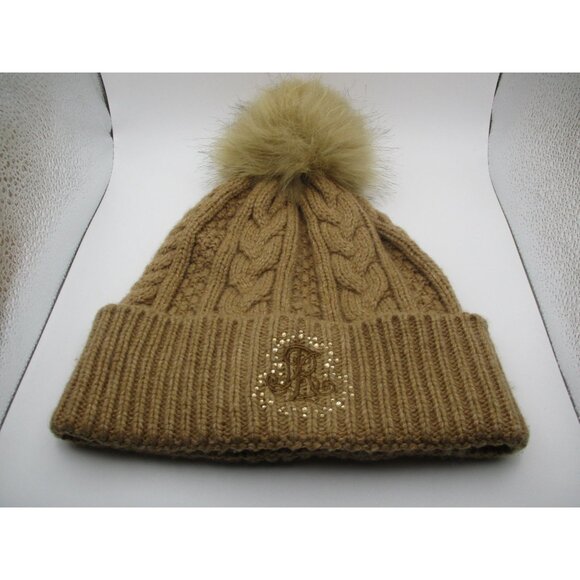 Lauren Ralph Lauren Black Label Tan Knit Beanie W/ Pom & Sequined Logo  Womens‎ main image 6